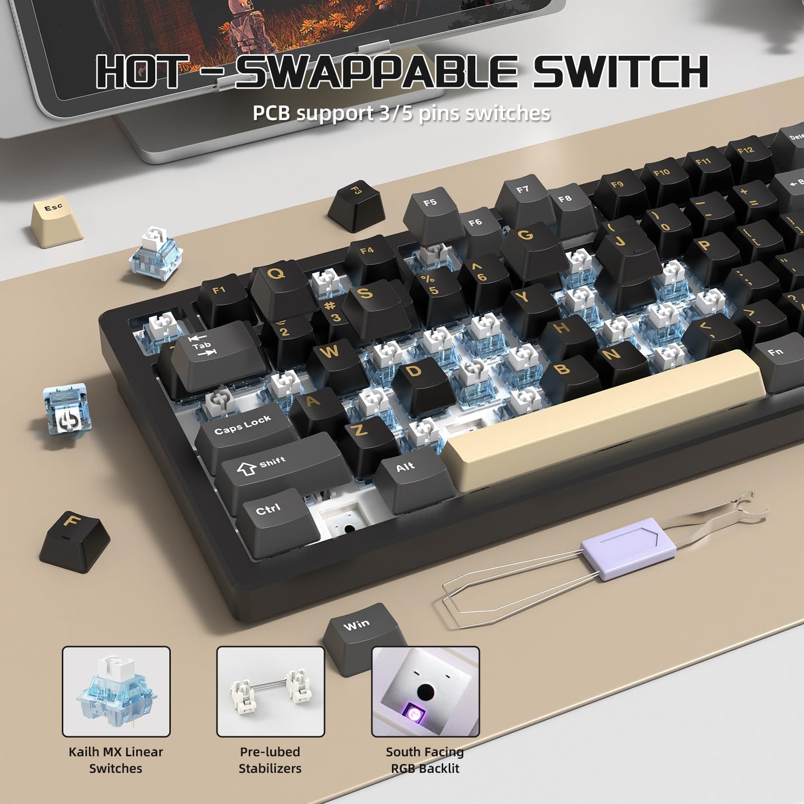 ATTACK SHARK X75 VIA Con Tastiera Meccanica Wireless in Alluminio Completo, BT/2.4GHz/USB-C Cablate, Hot-Swap Interruttori Lineari RGB, Layout 75% QWERTY Con Imbottitura a Cinque Strati -Nero