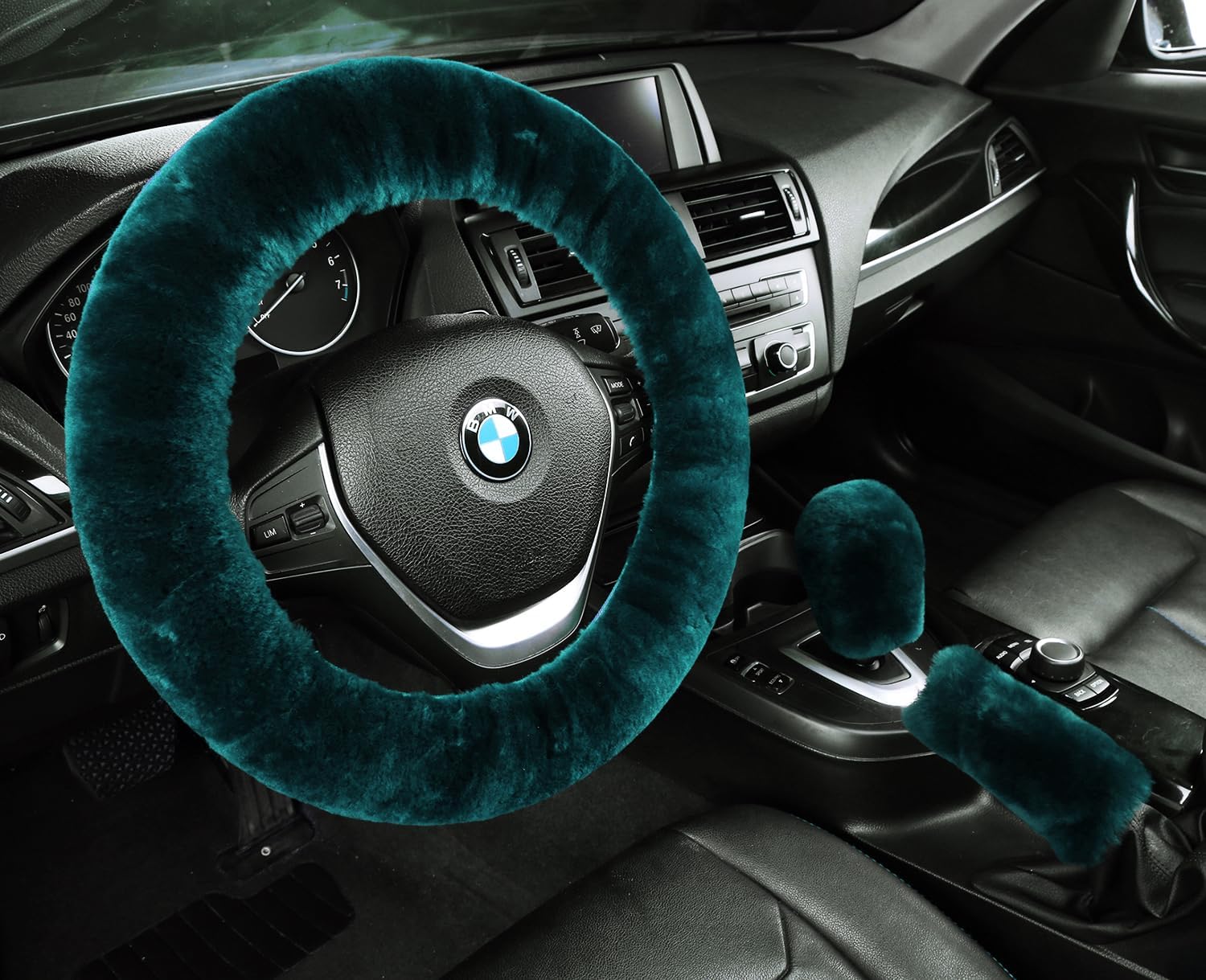 3 Pcs Genuine Sheepskin Car Steering Wheel Cover Natural Fur Wool w/Handbrake Cover Gear Shift Cover for Women Anti-Slip Universal for 15 inch
