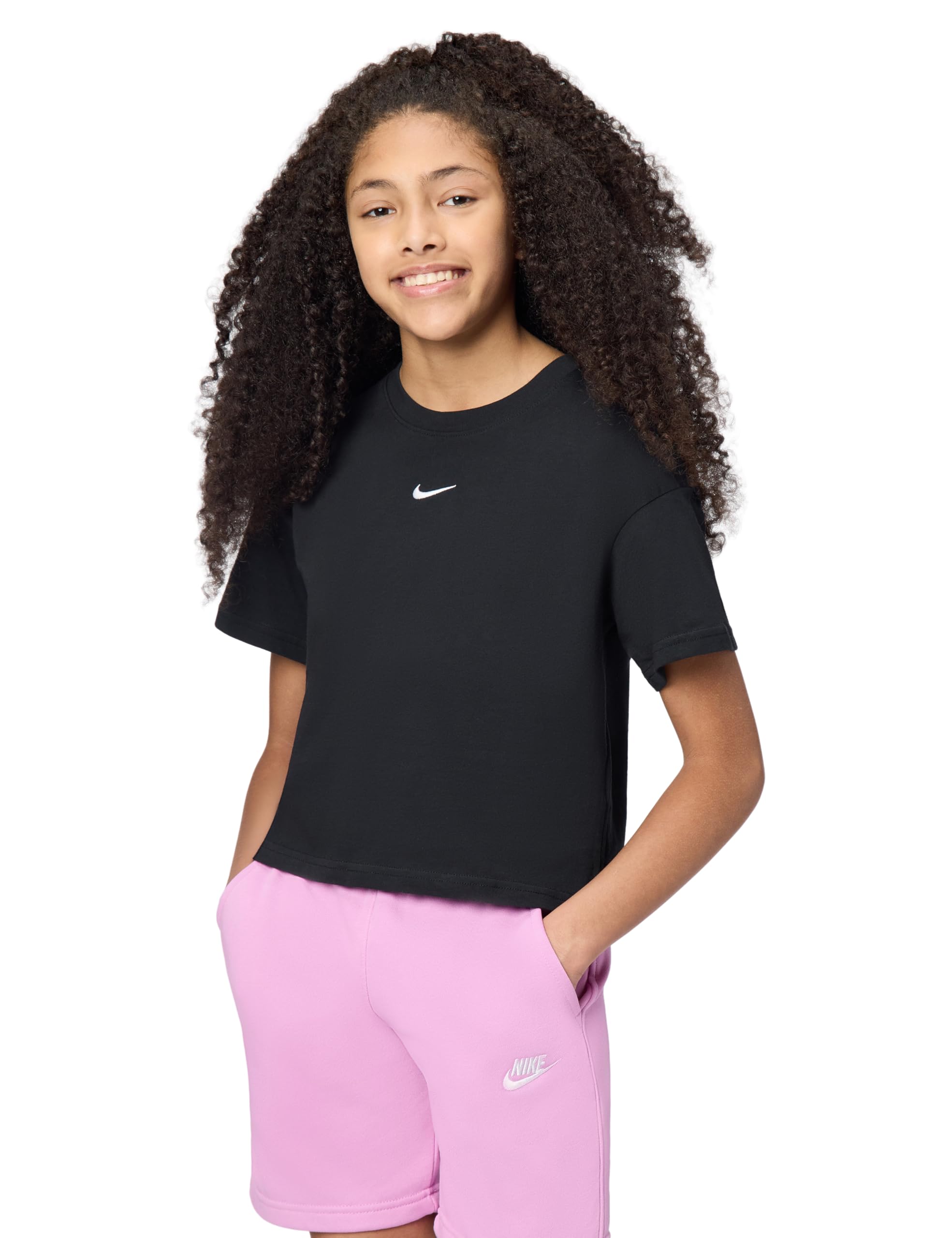 NIKE FZ5559-010 G NSW TEE Boxy ESSNTL LBR T-Shirt Girls Black Size XS