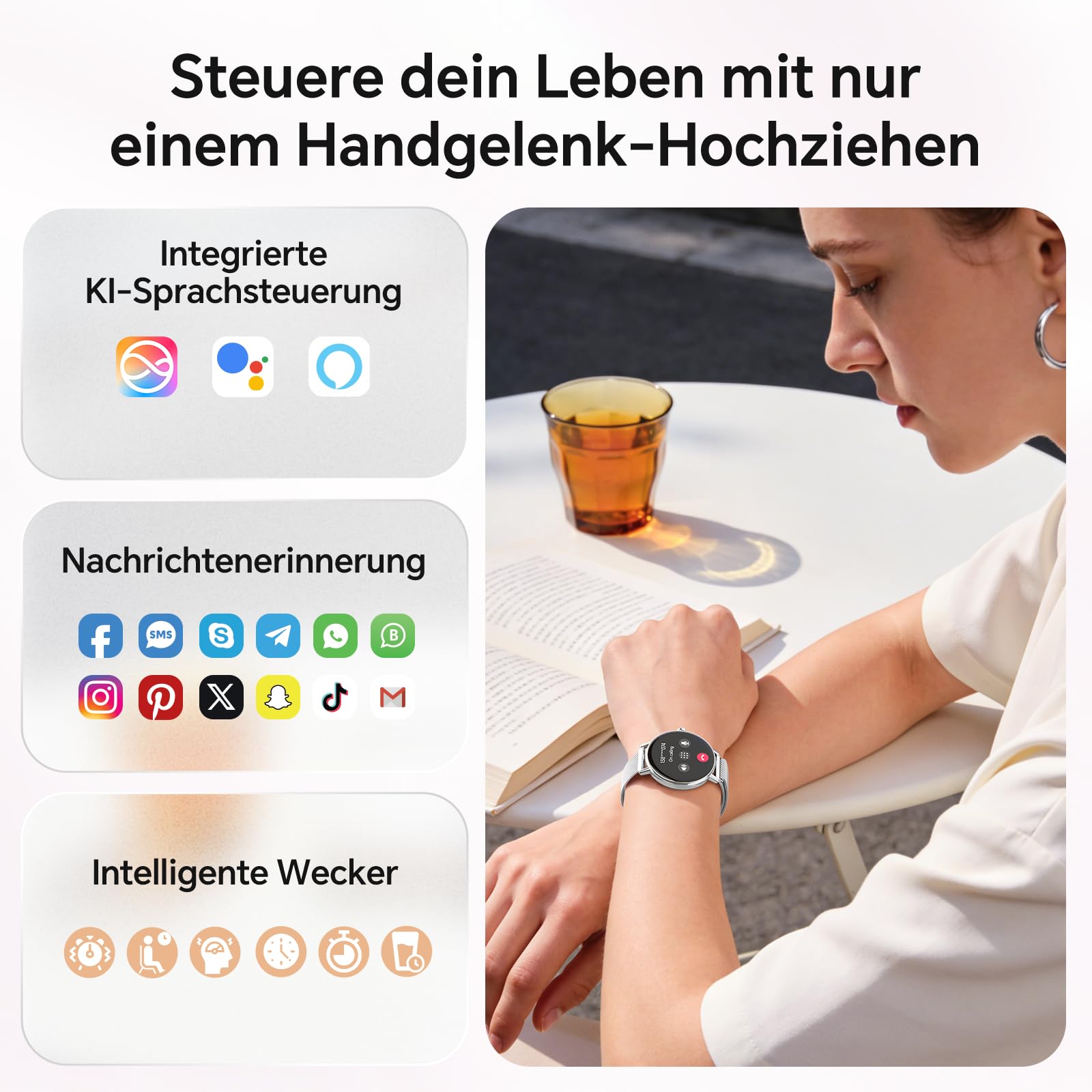 Smartwatch Damen Rund Metallarmband 1.27" Smart Watch mit Telefonfunktion Fitnessuhr SpO2 Herzfrequenz Stress Kalorien Schlaf Schrittzähler 100+ Sportmodi IP68 Wasserdicht für iOS Android
