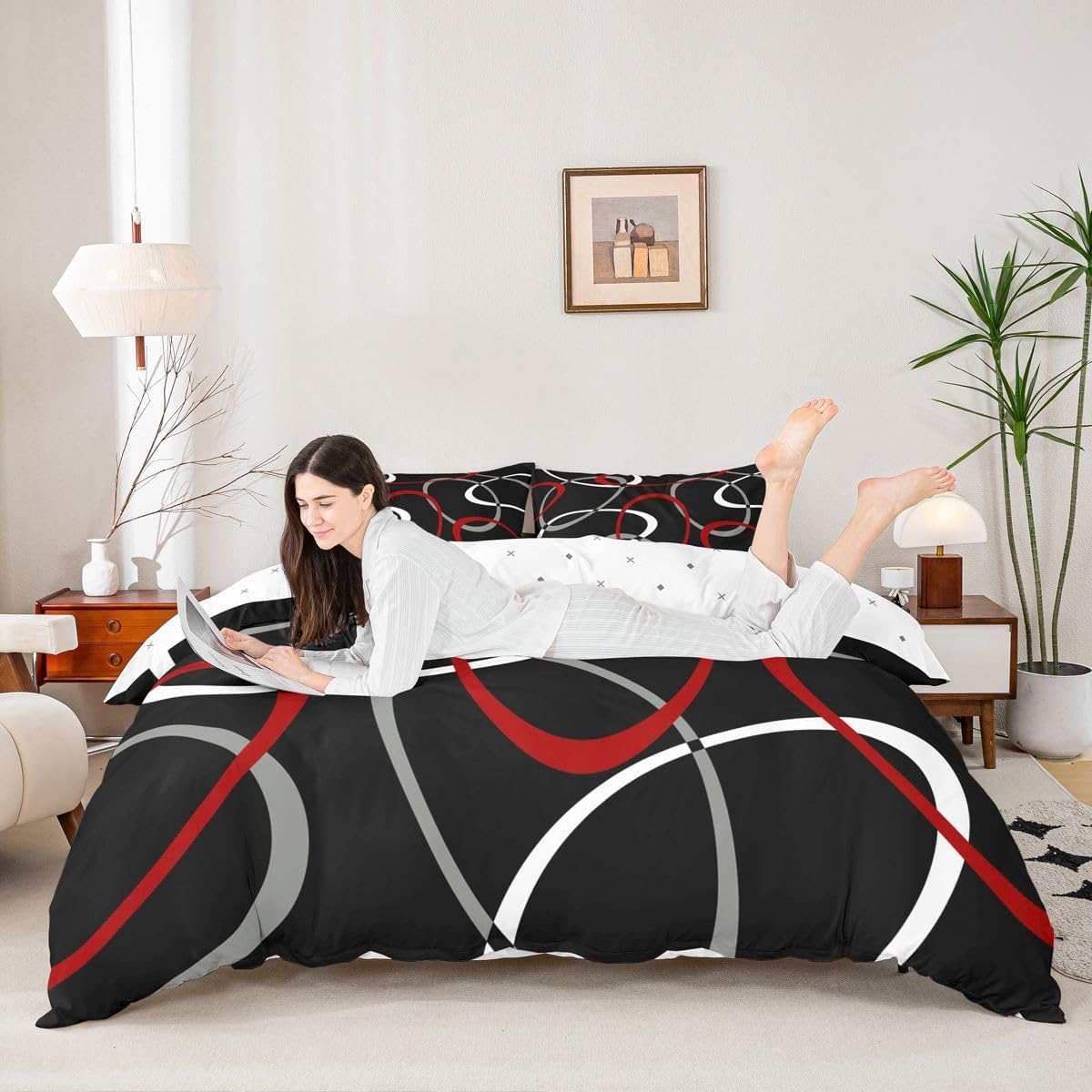 Feelyou Kids Red and Black Bedding Set King Size Abstract Lines Duvet Cover for Boys Girls Teens Bedroom Decor Geometric Comforter Cover Set Modern Art Red Bedspread Cover with 2 Pillow Cases