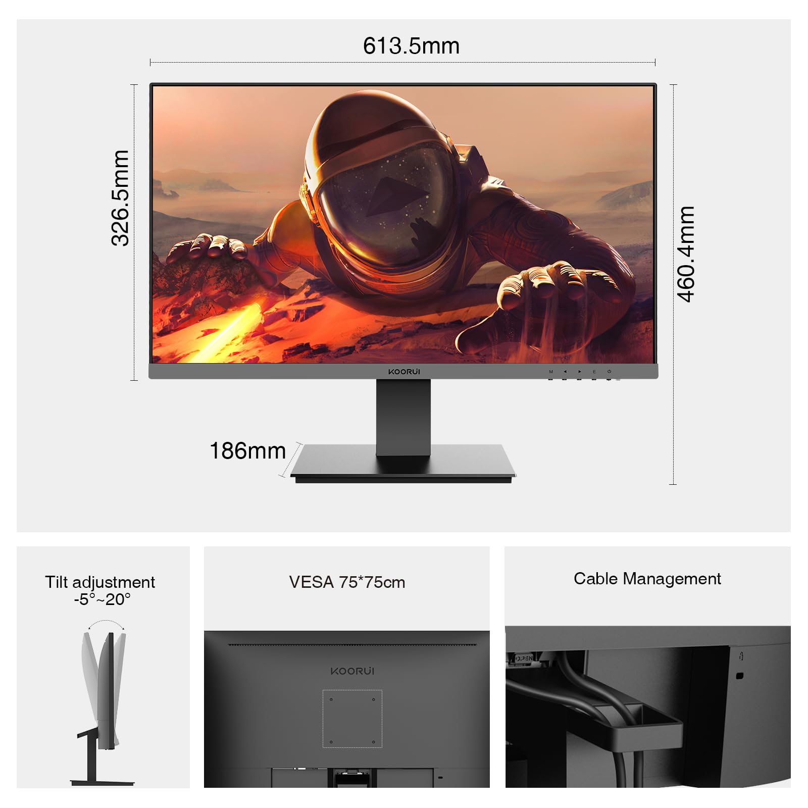 KOORUI Monitor 27-calowy FHD, monitor komputerowy (1080P, 100 Hz, HDMI + VGA, 99% SRGB, reakcja 4 ms, pielęgnacja oczu), praktycznie bez obramowania monitor