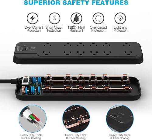 Miniatura 4 de VINTAR Regleta protectora contra sobretensiones (2 × 4800 julios) con 12 salidas de CA, salida de 1875 W, cable de extensión de 6 pies de largo,