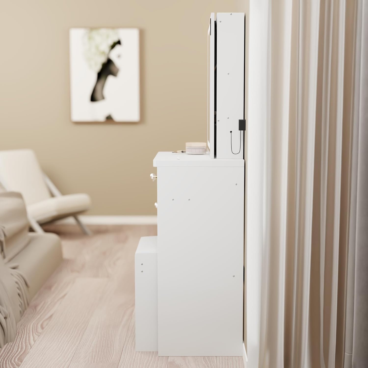 Ball & Cast 29.2" Small Size Vanity Mirror Desk with Lights and Cushioned Stool,Vanity Desk w/Large Sliding, Touch Control,Tri-Color Switching,High Capacity Storage,for Girls' Bedrooms,White