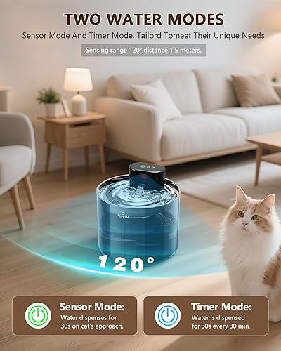 Miniatura 7 de Fuente de agua para gatos sin bombas, fuente inalámbrica para gatos, funciona con pilas, fuente de agua para mascotas de 3.5 L119 onzas con bandeja