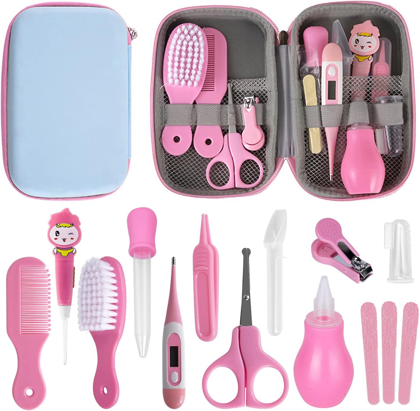 RoseFlower 12 Piezas Set para Cuidado del Bebé, Kit de Aseo para Bebés, Kit de Aseo Recien Nacido con Cepillo de Dientes de Dedo y Cortador de Uñas, Lima de Uñas Cepillo Peine
