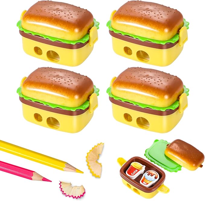 4 Pcs Hamburger Pencil Sharpeners, Funny Portable Manual Pencil