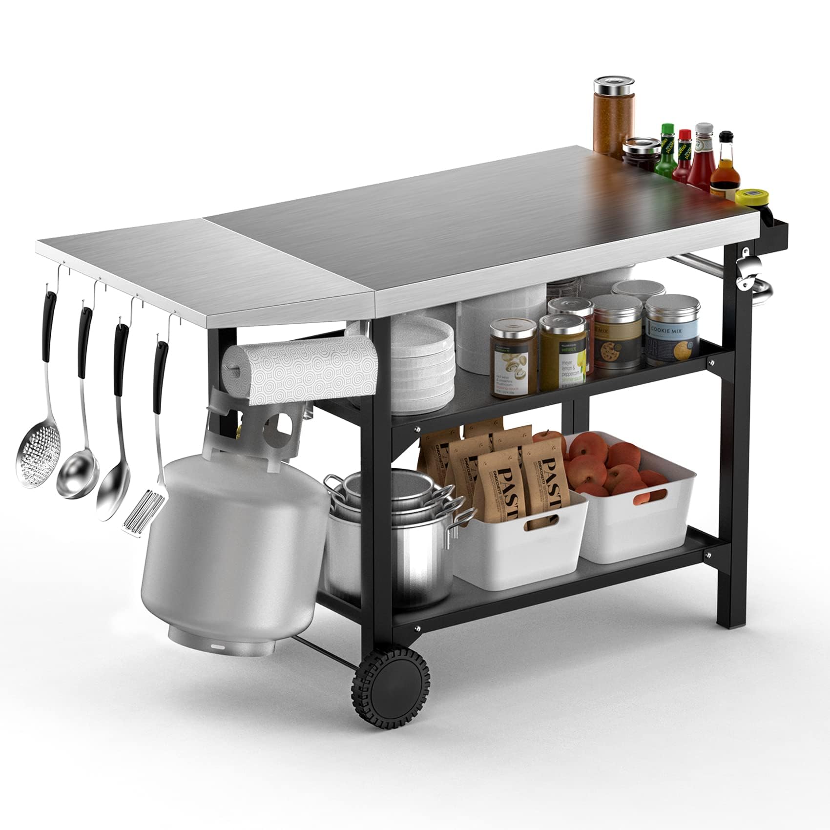 onlyfire Grillwagen 120cm mit Edelstahl Arbeitsplatte, Outdoor Grilltisch 3-Etagen für Pizzaofen und Gasgrill, Rollen und Servierwagen mit Gewürzbox, BBQ-Tisch, Outdoor Grill Trolley
