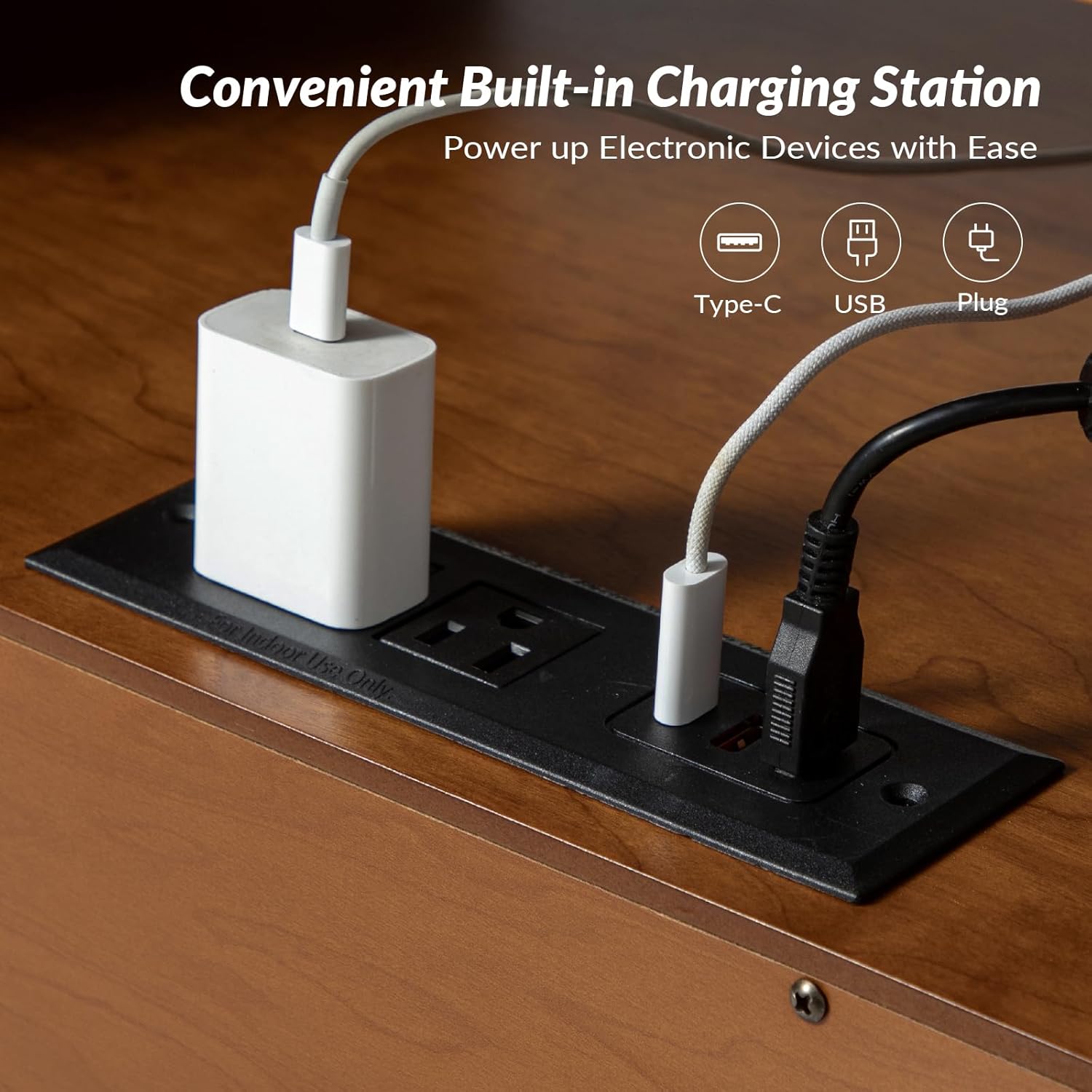 HULALA HOME End Table with Charging Station, Mid-Century Modern End Table with Pull-Out Shelf, Hidden Storage Side Tables, Wood Legs, Acorn