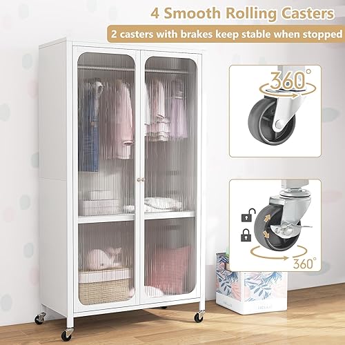 Miniatura 7 de Giantex Armario portátil con rodillos  Armario de metal con barra para colgar, estante ajustable, armario de almacenamiento rodante, organizador de
