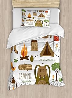 Ambesonne Adventure Duvet Cover Set, Camping Equipment Sleeping Bag Boots Campfire Shovel Hatchet Log Art Print, Decorative 2 Piece Bedding Set with 1 Pillow Sham, Twin Size, White Khaki