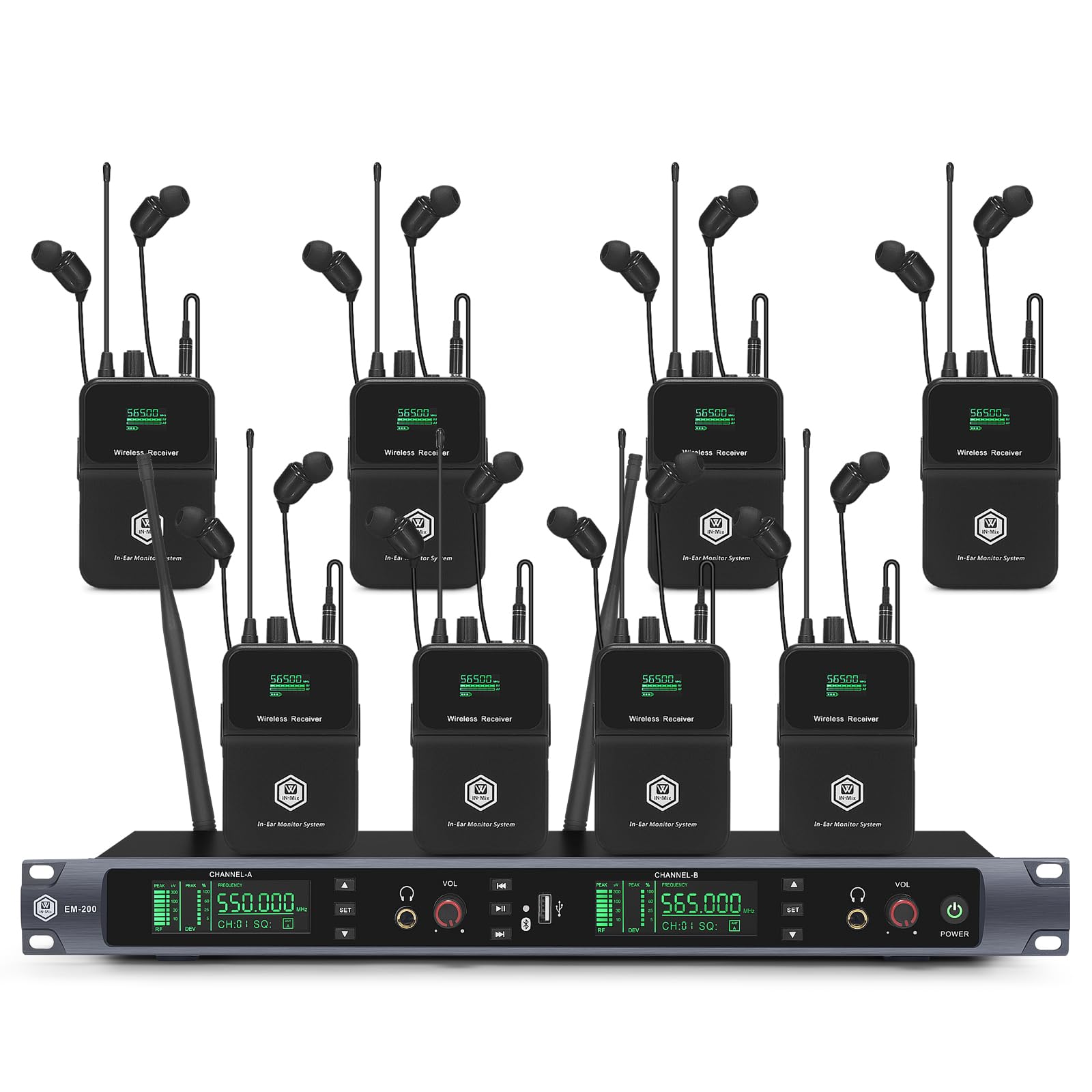 W IN-MIX UHF Wireless in Ear Monitor System,2 Channel with 8 Bodypacks Mono IEM System, PLL Technology, 300ft Range, Ultra-Low Latency for Live Stage, Recording Studio &amp; Musicians