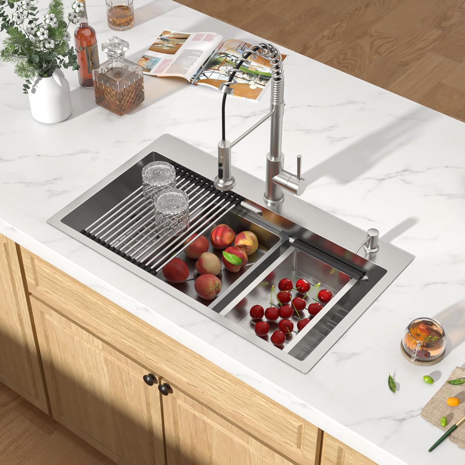 33x19 Drop In Kitchen Sink - Workstation All-In One 16 Gauge 304 Stainless Steel Single Bowl Topmount Sink with Cutting Board, Colander, Wash Basin, and Drying Rack #TLT-0042