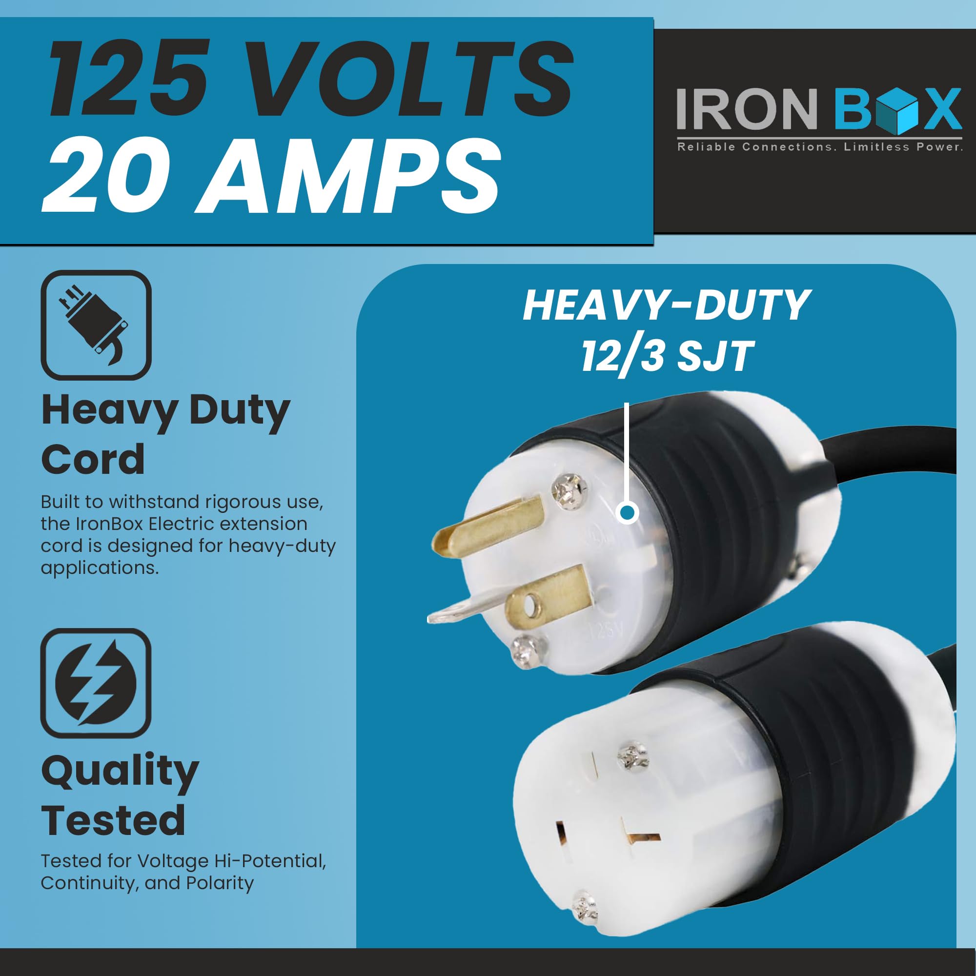 IronBox Electric NEMA 5-20P to 5-20R Extension Cord - 20A, 125V