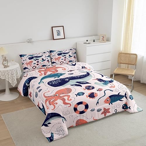 Miniatura 2 de Erosebridal Juego de edredón de animales costeros para niños y niñas, juego de ropa de cama de ballena de dibujos animados, tamaño individual, lindo