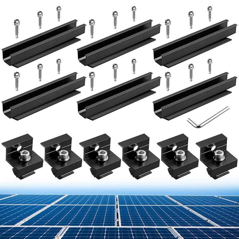 Kit de fixação para painel solar em telhado Anbte, trilhos de alumínio de 20 cm, grampos Z para molduras de 30 e 35 mm, GR310, preto, kit com 6 trilhos