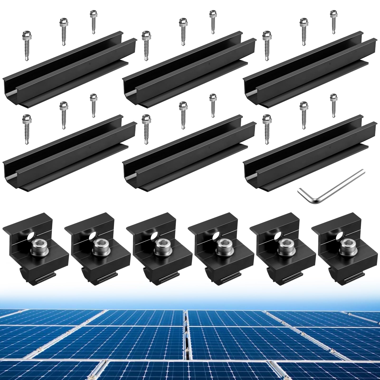Anbte 6 Piezas Kit Soportes de Paneles Solares, 6 Rieles Perfiles de Aluminio de 200 mm, 6 Abrazaderas para Panel Solar de Z de 30 mm / 35 mm,18 Tornillos para La Instalación de Paneles Solares-Negro