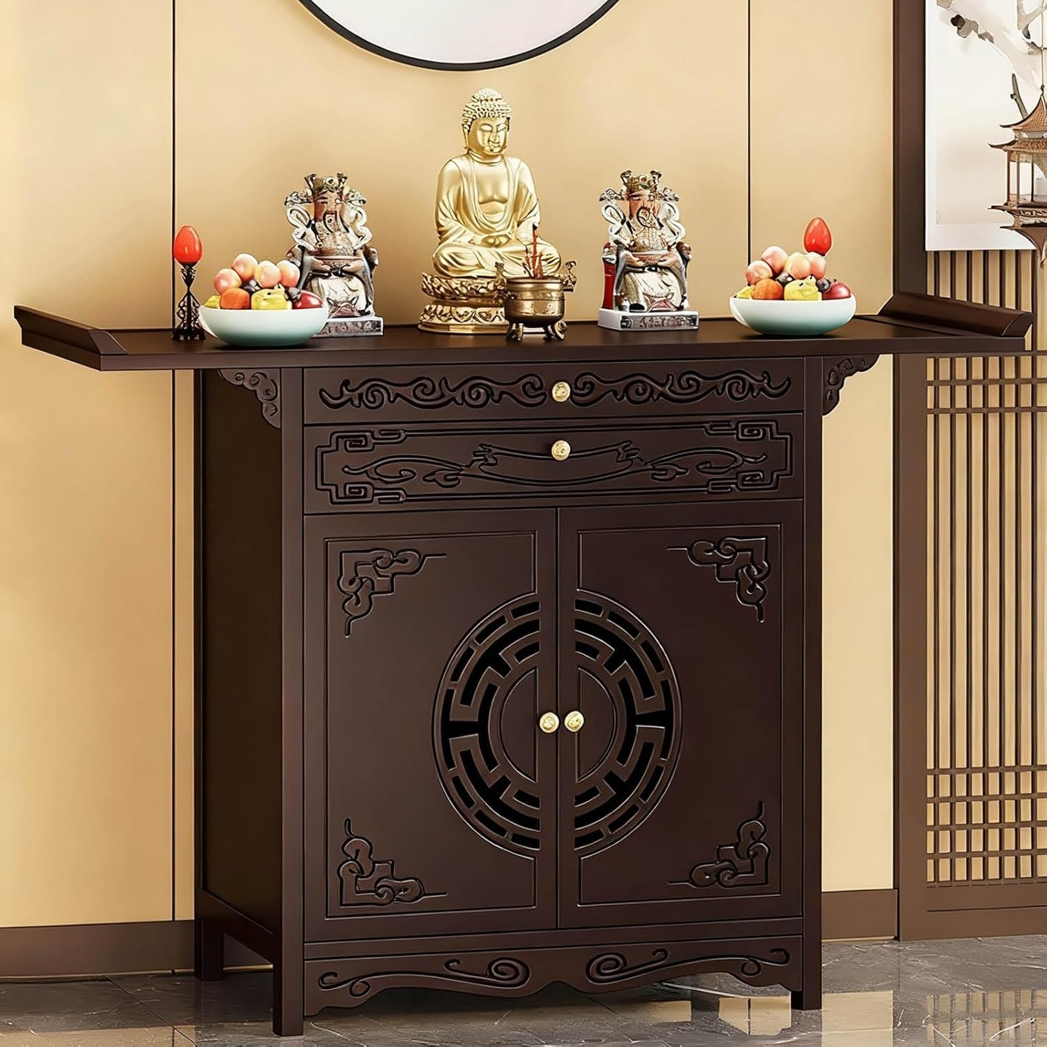 Buddha Altar Table with Storage for Home Altar Cabinet, Chinese Pooja Cabinet Pedestal Offering Meditation Table, Personal Shrine Stand for Living Room(Walnut,39.4in)