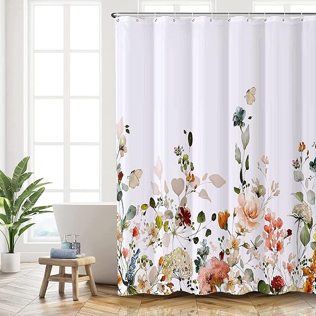 RORASA Yellow Floral Shower Curtain with Anti Mould, Weighted Hem, Washable, Polyester Fabric Bathroom Accessories, Leaves Pattern Boho Shower Curtains with 12 Hooks 71 x71 Inches