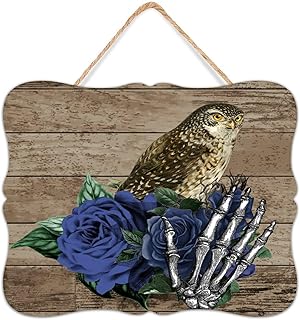 Distressed Wooden Signs Halloween Owl Skeleton Flower Floral Vertical Wood Plaque Sign Quote Rustic Skull Bouquets Eucalyptus Leaves Wall Decorative Signs for Nursery Front Door 8x10 Inch