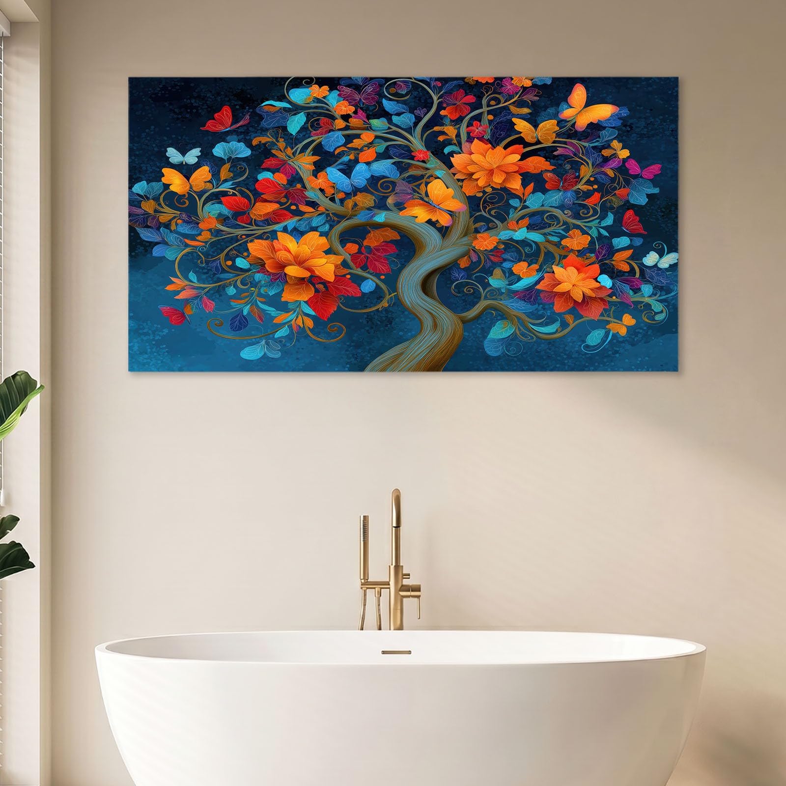 Obraz ścienny fantazja kwiaty obraz na płótnie - obraz na płótnie 120 x 80 cm, wydruk na płótnie z drzewem życia, liśćmi, oprawiona sztuka ścienna do salonu i sypialni, dekoracja ścienna, niebieski