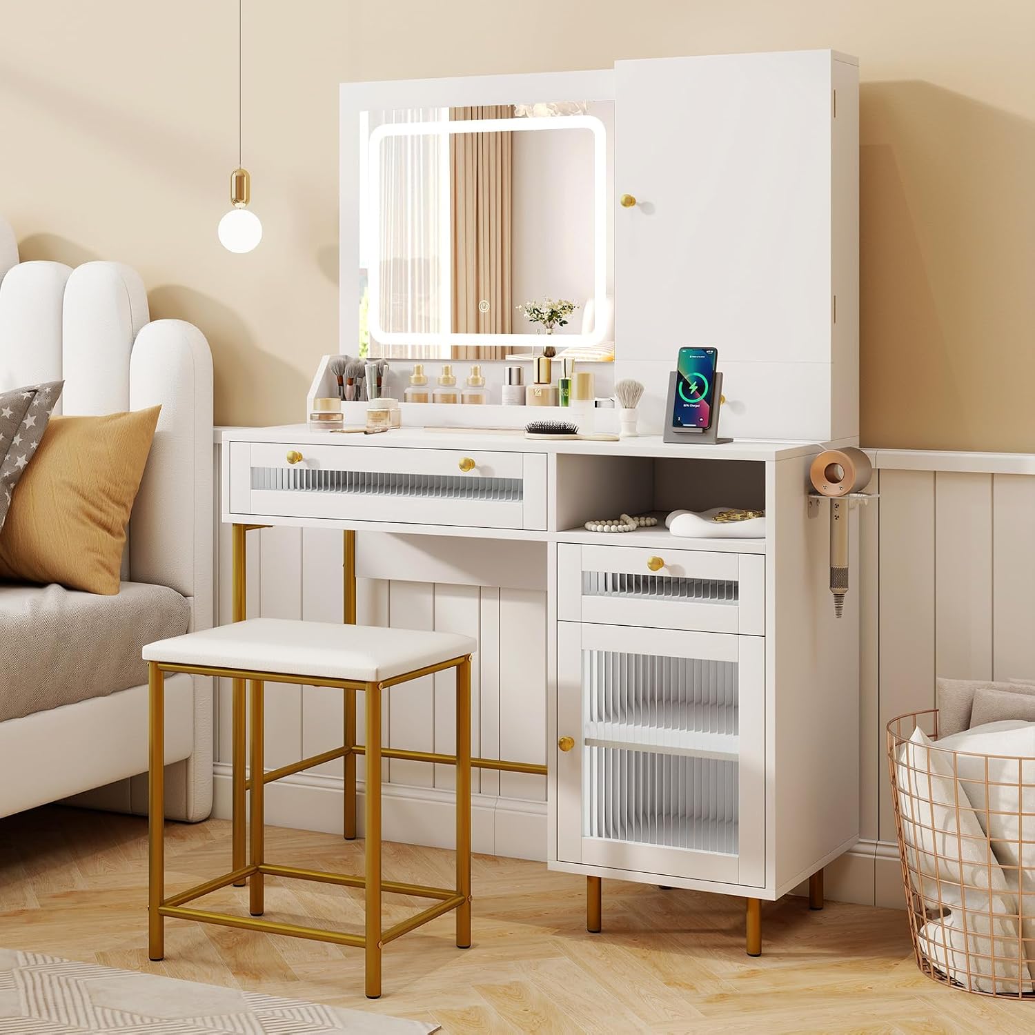 LOKO Vanity Set with Mirror & Lights, Dressing Table and Chair Set with 3 Lighting Modes & Adjustable Brightness, Jewelry Cabinet, 2 Fluted Glass Drawers & 1 Ordinary Drawer, for Bedroom