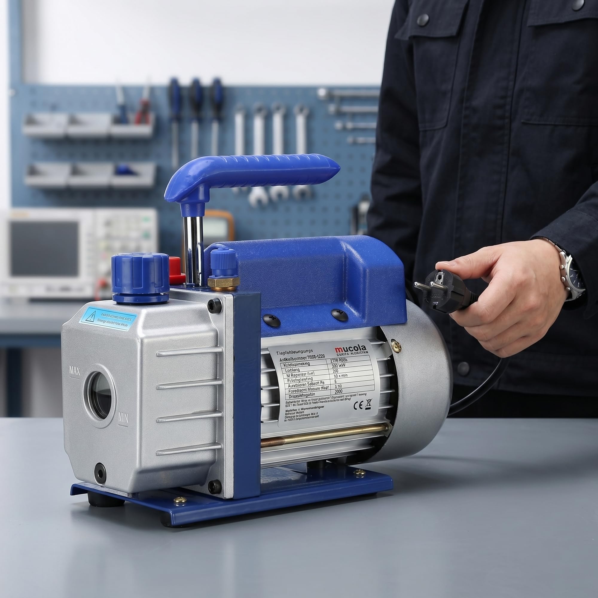 Mucola Vakuumpumpe Klimaanlage Unterdruckpumpe 70 L/min | inkl. Ölabsperrventil | für HVAC/Auto Einstufige Vacuumpumpe Harz-Entgasung