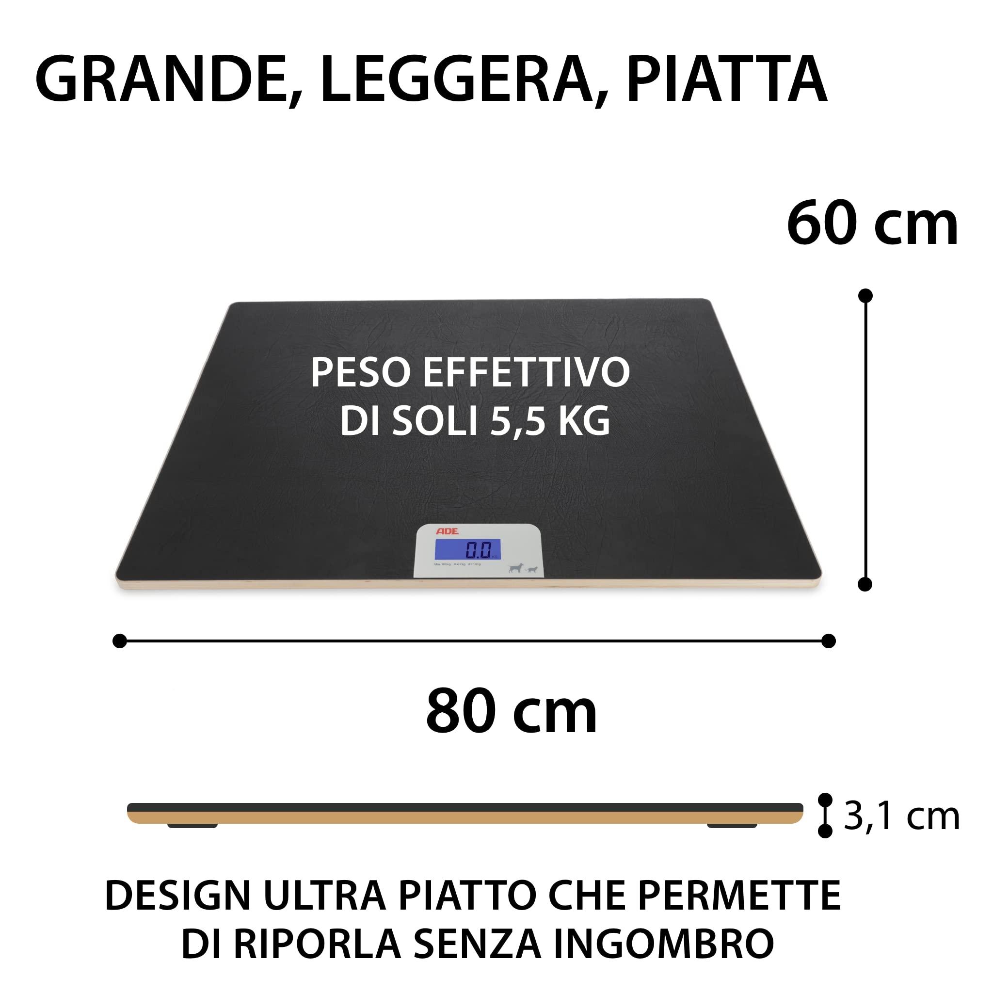 ADE Bilancia digitale per animali domestici fino a 100 kg | bilancia per cani di taglia grande XL | extra leggera e piatta | superficie adatta alle zampe | anche per gatti e piccoli animali