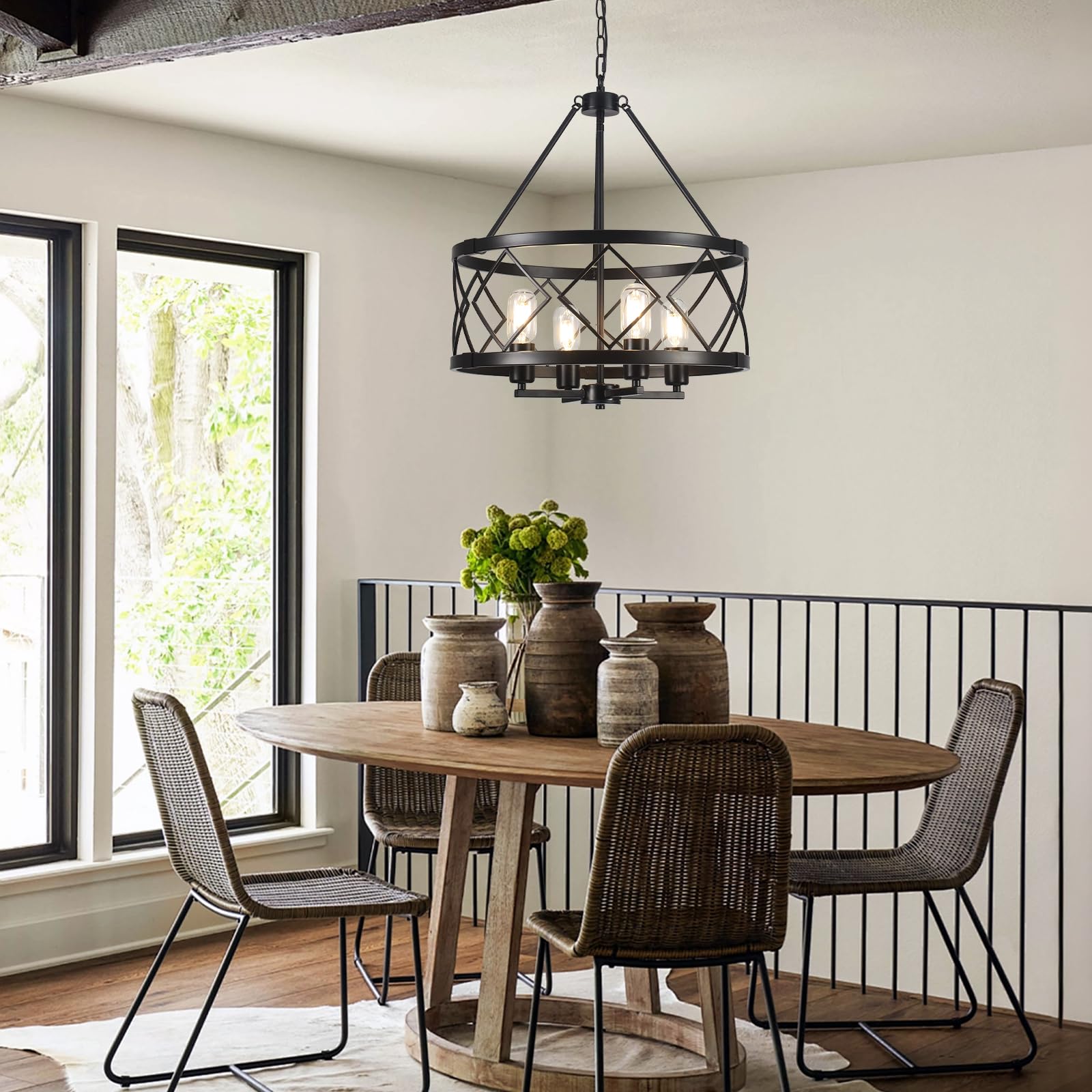 Lampadario Nero a 4 Luci, Lampadari in Stile Rustico Lampade da Soffitto per Soggiorno Lampadario Tamburo Lampada Sospensione per Sala da Pranzo, Corridoio, Ingresso, Camera da Letto