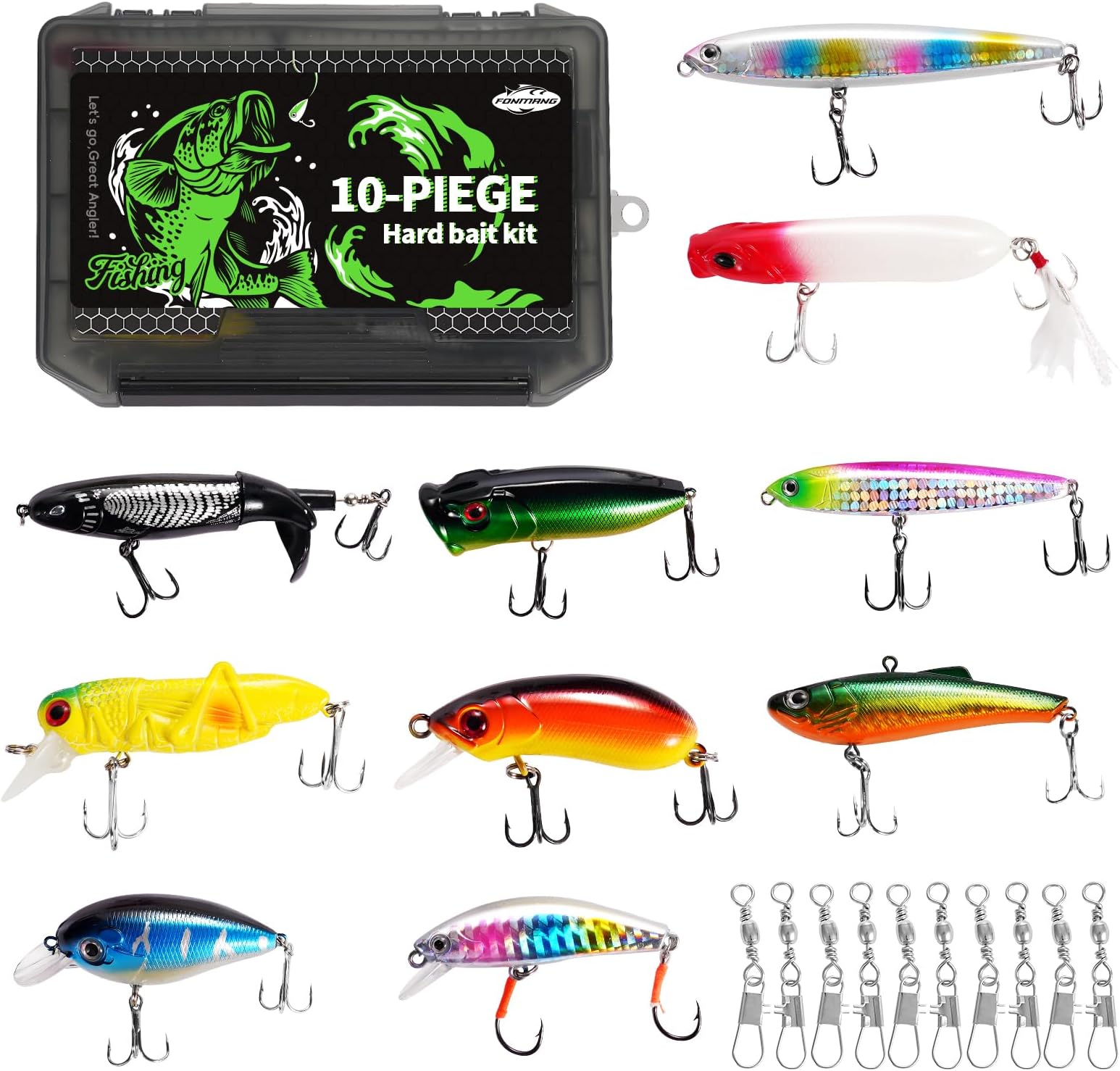 FONMANG Fishing Lures- 10- pcs Hard Bait Fishing kit Mixed with Minnow Popper Crank Bait top Water Lures for bass Walleye Trout for Saltwater and Freshwater