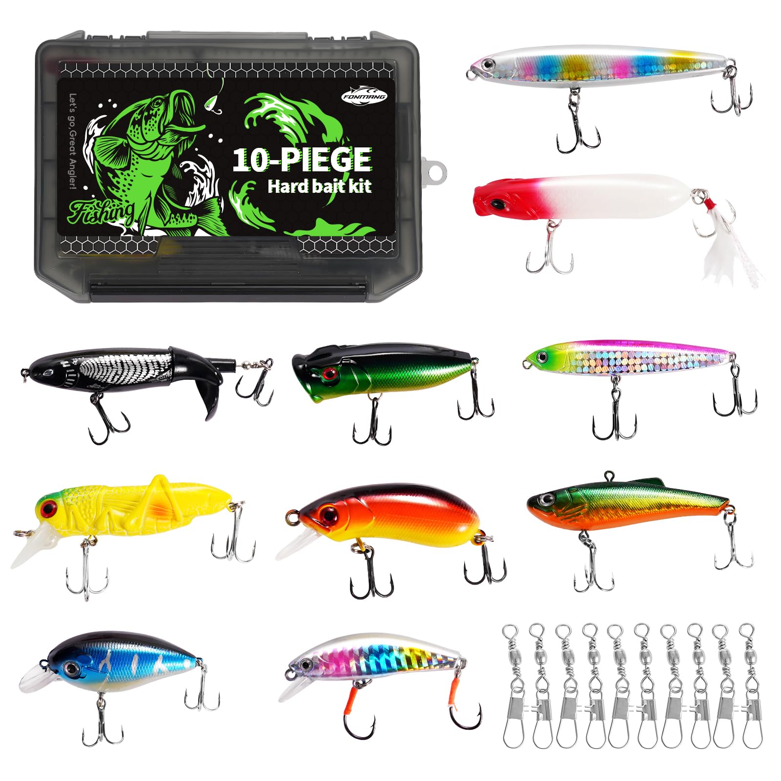 FONMANG Fishing Lures- 10- pcs Hard Bait Fishing kit Mixed with Minnow Popper Crank Bait top Water Lures for bass Walleye Trout for Saltwater and Freshwater