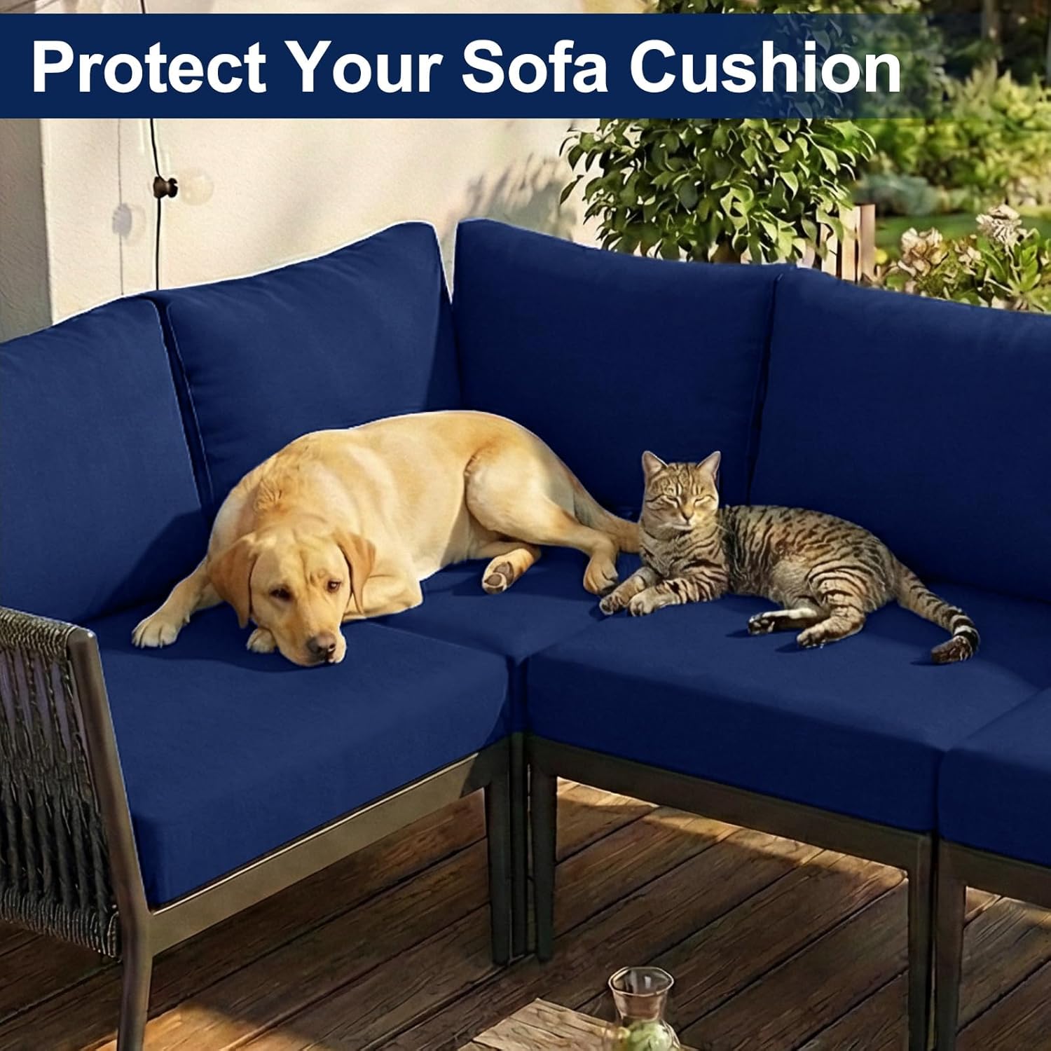 Smiry Waterproof Patio Cushion Covers, Stretch Outdoor Couch Slipcovers Replacement Washable Furniture Protector Sofa Chair Seat Cover for Dogs Pets (4 Pcs, Navy Blue)