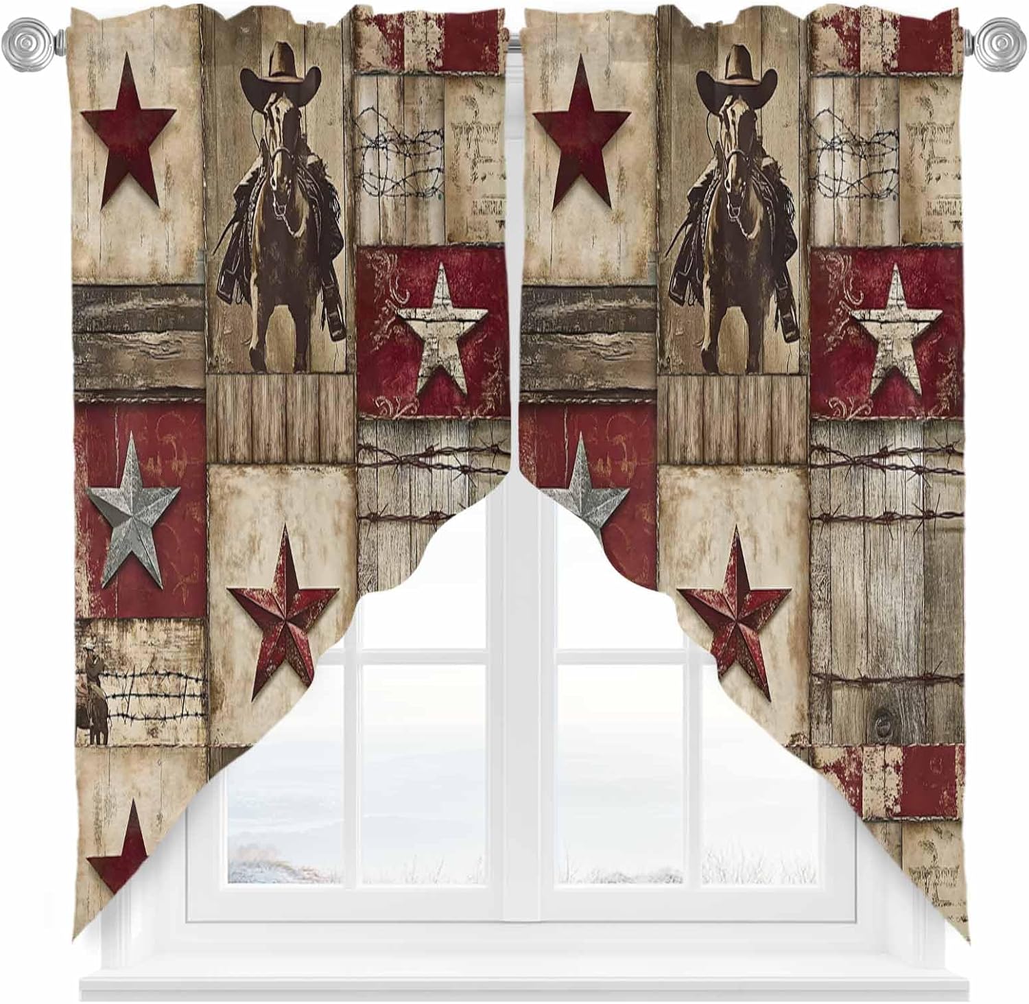 Texas Star Vintage Swag Curtains Western Cowboy Country Wooden Swag Valances for Kitchen Windows, Window Treatment Topper Curtains for Living Room Bedroom Bathroom, 36" W x 63" L