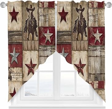 Texas Star Vintage Swag Curtains Western Cowboy Country Wooden Swag Valances for Kitchen Windows, Window Treatment Topper Curtains for Living Room Bedroom Bathroom, 36" W x 63" L