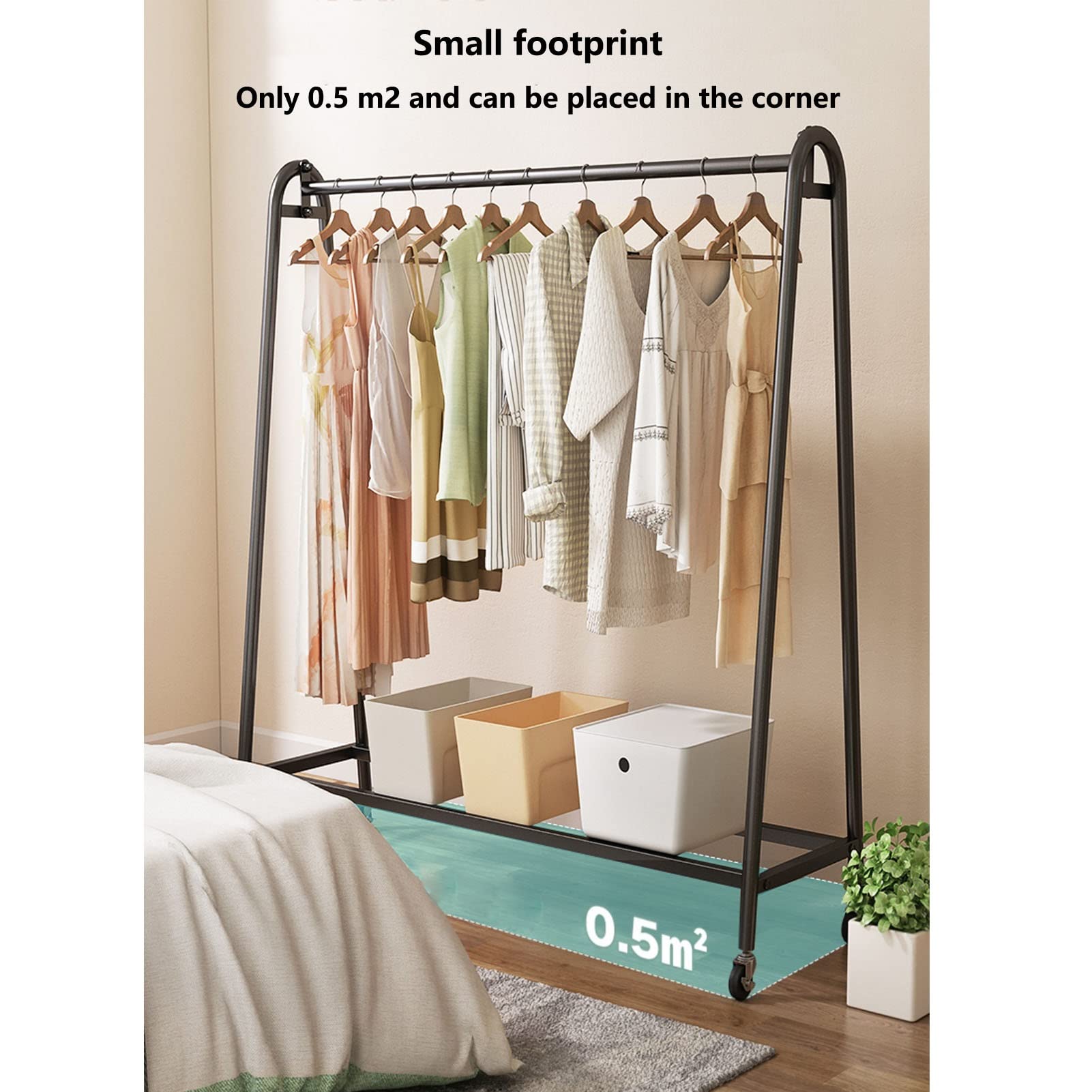 Heavy Du Metal - Appendiabiti multifunzione autoportante Hanr con ruote, asta superiore e ripiano inferiore per un facile spostamento, carrello appendiabiti bianco da 120 cm per camera da letto nizat