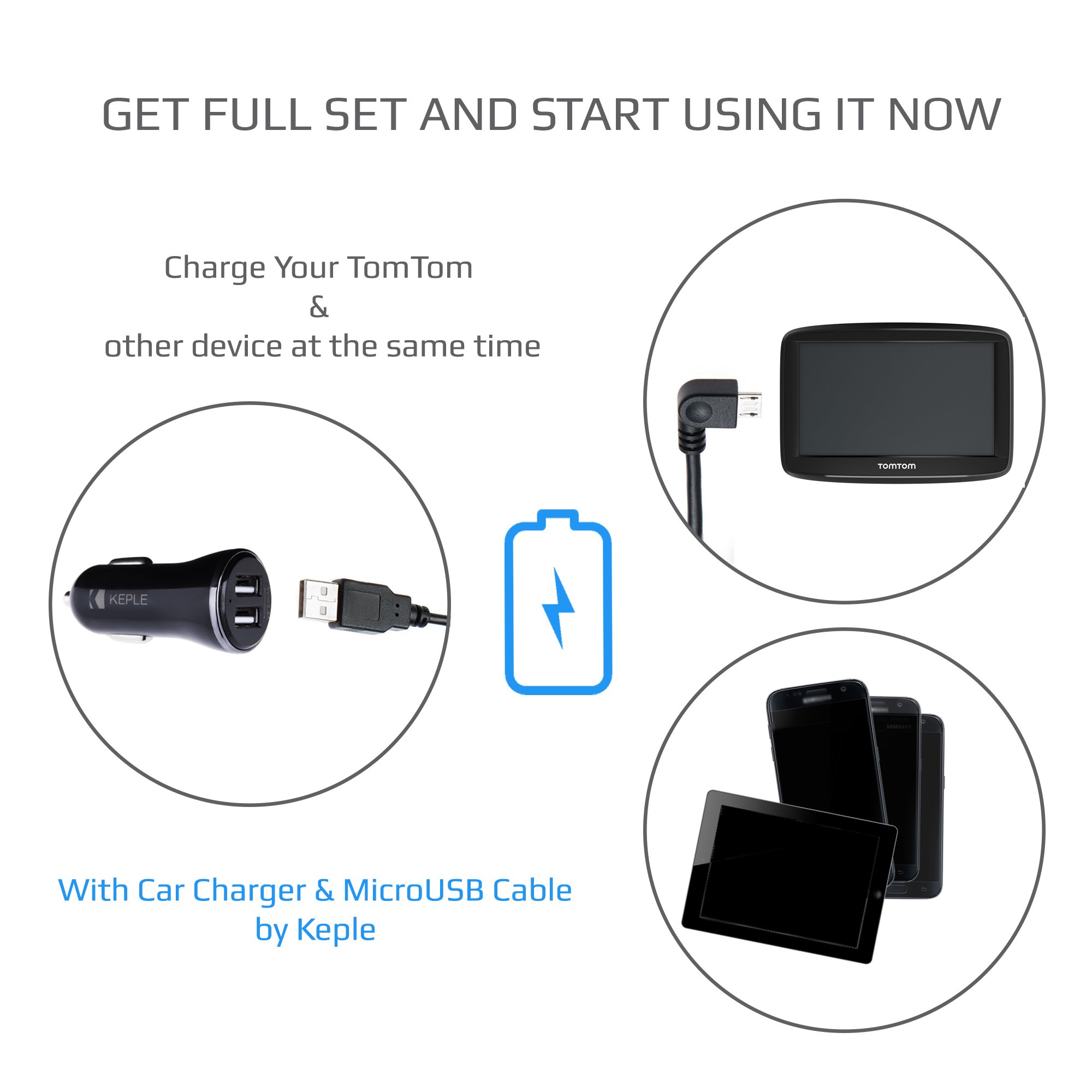 Keple In-Car Charger Dual Port SAT NAV Car Charger + 2m 90 - View #5