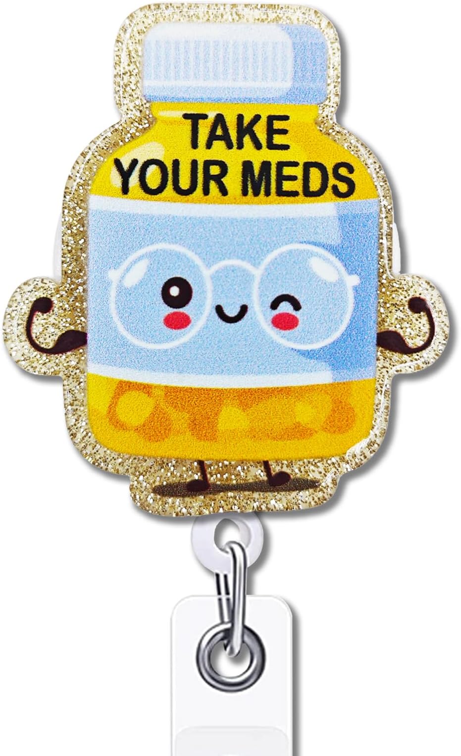 Nurse Retractable Badge Reel with Alligator Clip Take Your Meds ID Card Badge Holder Cute Meds Badge Funny Yellow Glitter Badge Reel Gift for Pharmacy Pharmacist Nurse Doctor Medical Work
