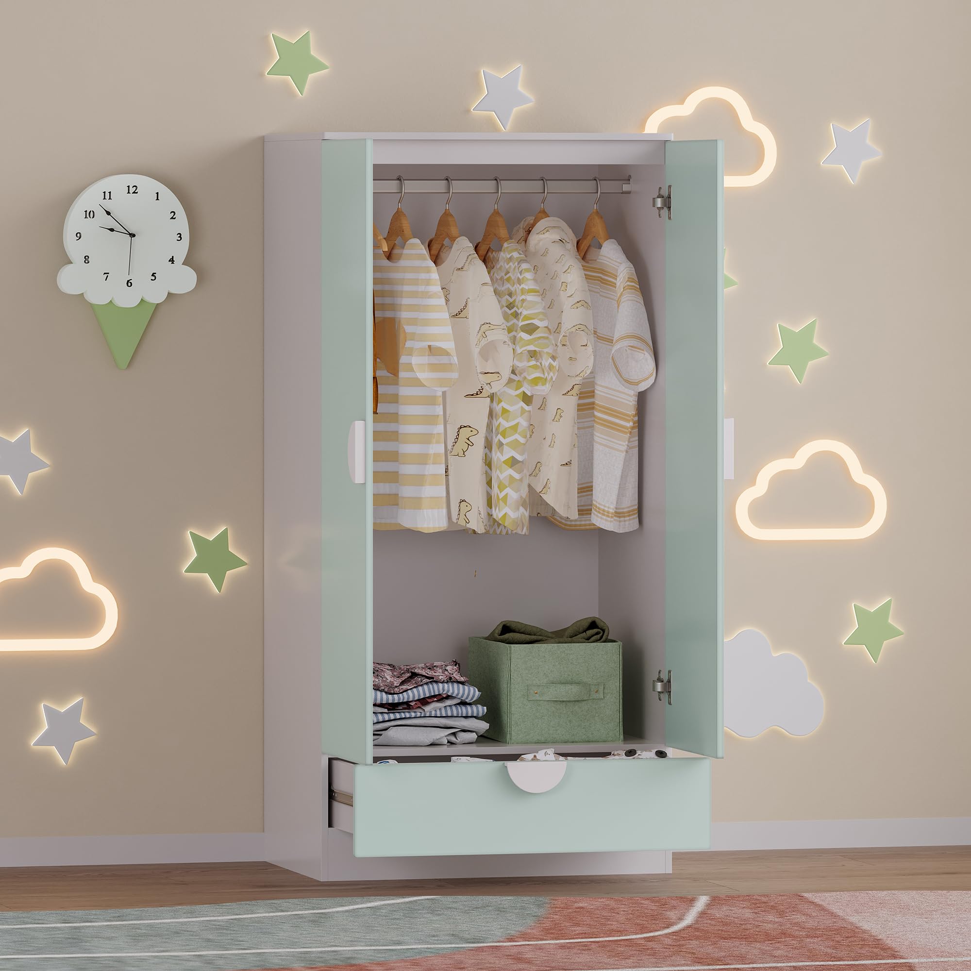 [en.casa] Armoire pour Enfants avec 2 Portes avec Poignées Centrales Barre de Penderie Tiroir Dressing Rangement MDF Panneau de Particules 123 x 60 x 40 cm Blanc Vert Menthe