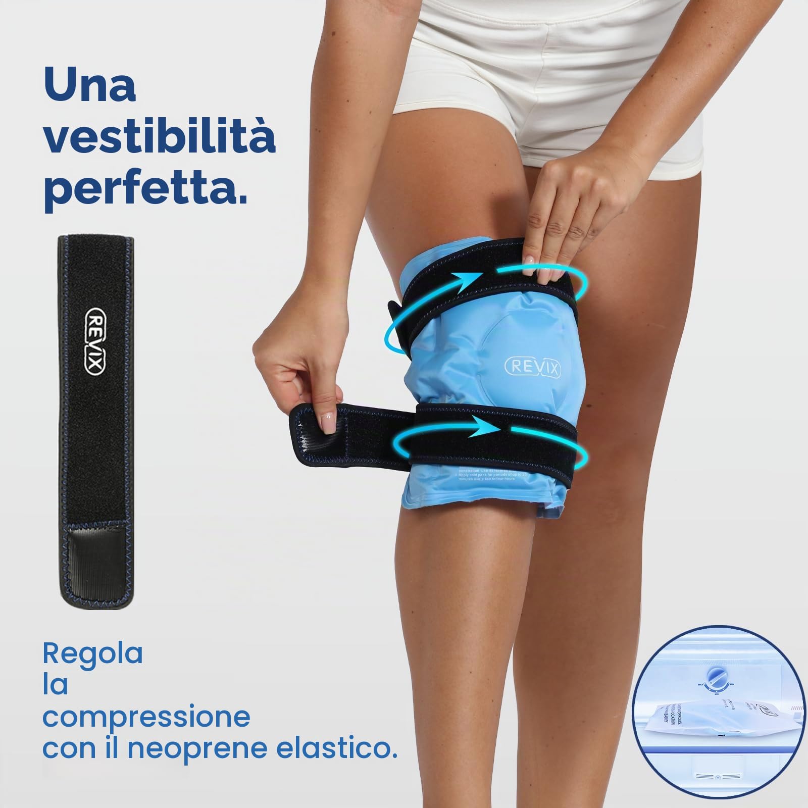 REVIX Fascia Ghiaccio per Ginocchio – Impacco Gel Riutilizzabile con Cinturini Regolabili, Copertura Vellutata, Uso a Mani Libere per Ginocchia, Polpacci, Gomiti, Ghiaccio Gel Freddo