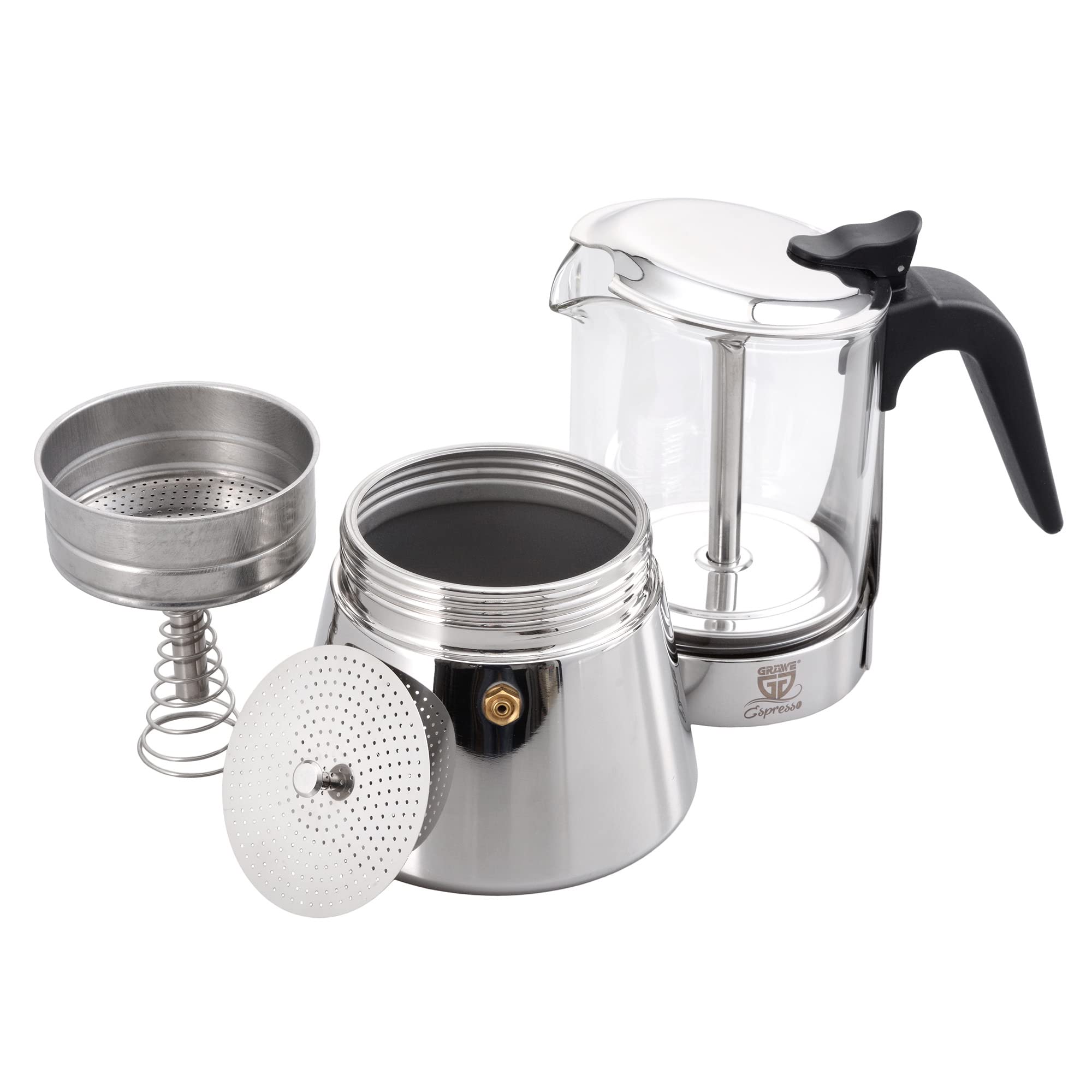 GRÄWE Espressokocher mit Glaskanne Induktion geeignet, Espressokanne aus Edelstahl für 9 Tassen, Klassischer Espresso Maker, Mokkakanne für 360 ml, induktionsgeeignet