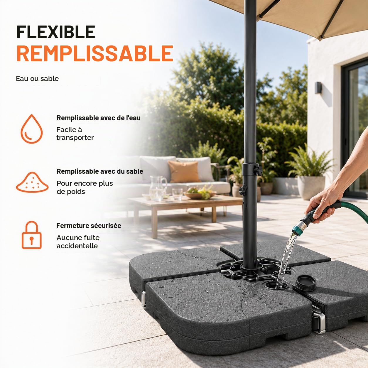 Pied de parasol pour parasol déporté - Poids à remplir pour croix de sol en plastique - Pied de parasol déporté (4 pièces jusqu'à 80 kg, plastique)