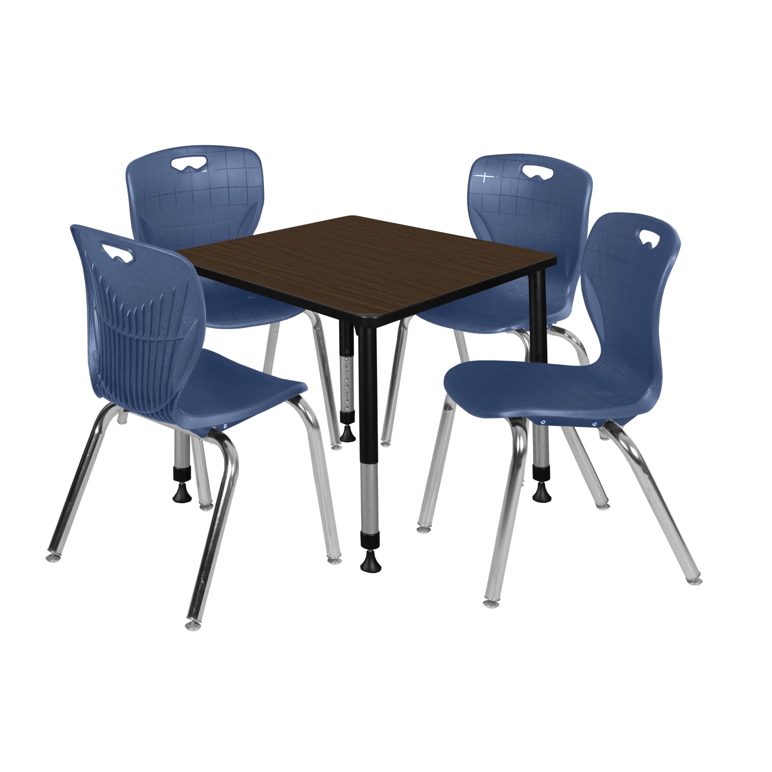 Regency Kee 30 in. Square Adjustable Classroom Table- Neo Walnut Top, Black Base & 4 Andy 18 in. Blue Stack Chairs