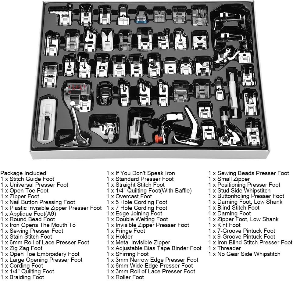 Professional Domestic 52 PCS Sewing Machine Sewing Foot Presser Foot Presser Feet Set for Brother, Babylock, Singer, Janome, Elna, Toyota, New Home, Simplicity, Kenmore