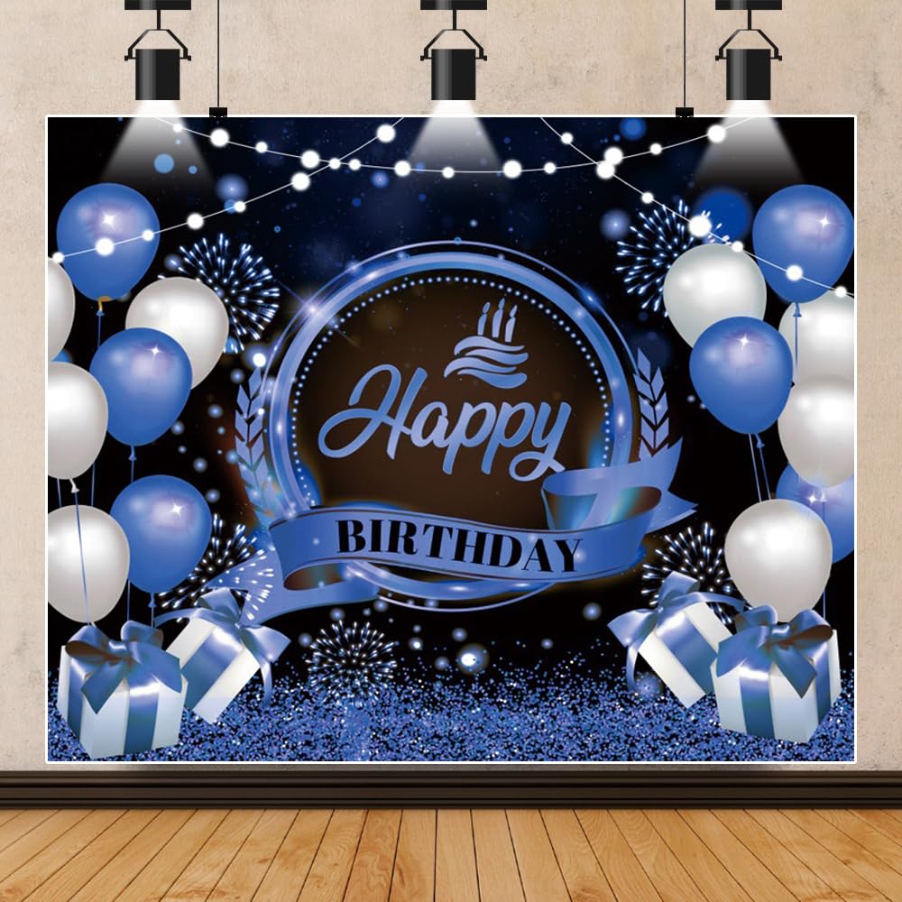 Meiguiman 10x8ft Happy Birthday Backdrop Blue Banner Photography Background Glitter Balloons Sign Birthday Party Decor Supplies