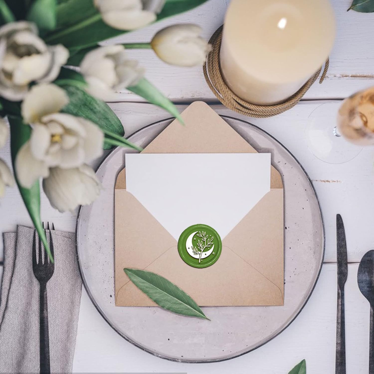 CRASPIRE Moon with Leaf Wax Seal Stamp 30mm Removable Brass Sealing Wood Handle Wedding Envelope Plant Leaves Engraving Seal for Scrapbooking Greeting Cards Invitations Gift Wrap Scrapbooking Decor