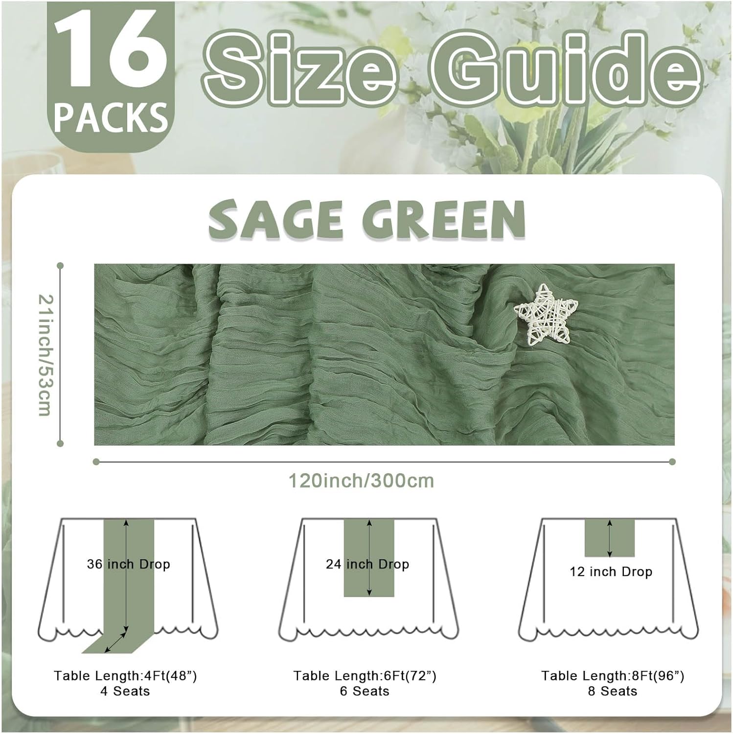 Sage Green Cheesecloth Table Runner 16 Pack 21x120 Inch Gauze Easter Spring Table Runner Sheer Polyester Cheese Cloth Boho Table Runners Decor for Wedding Baby Shower Candlelight Dinner