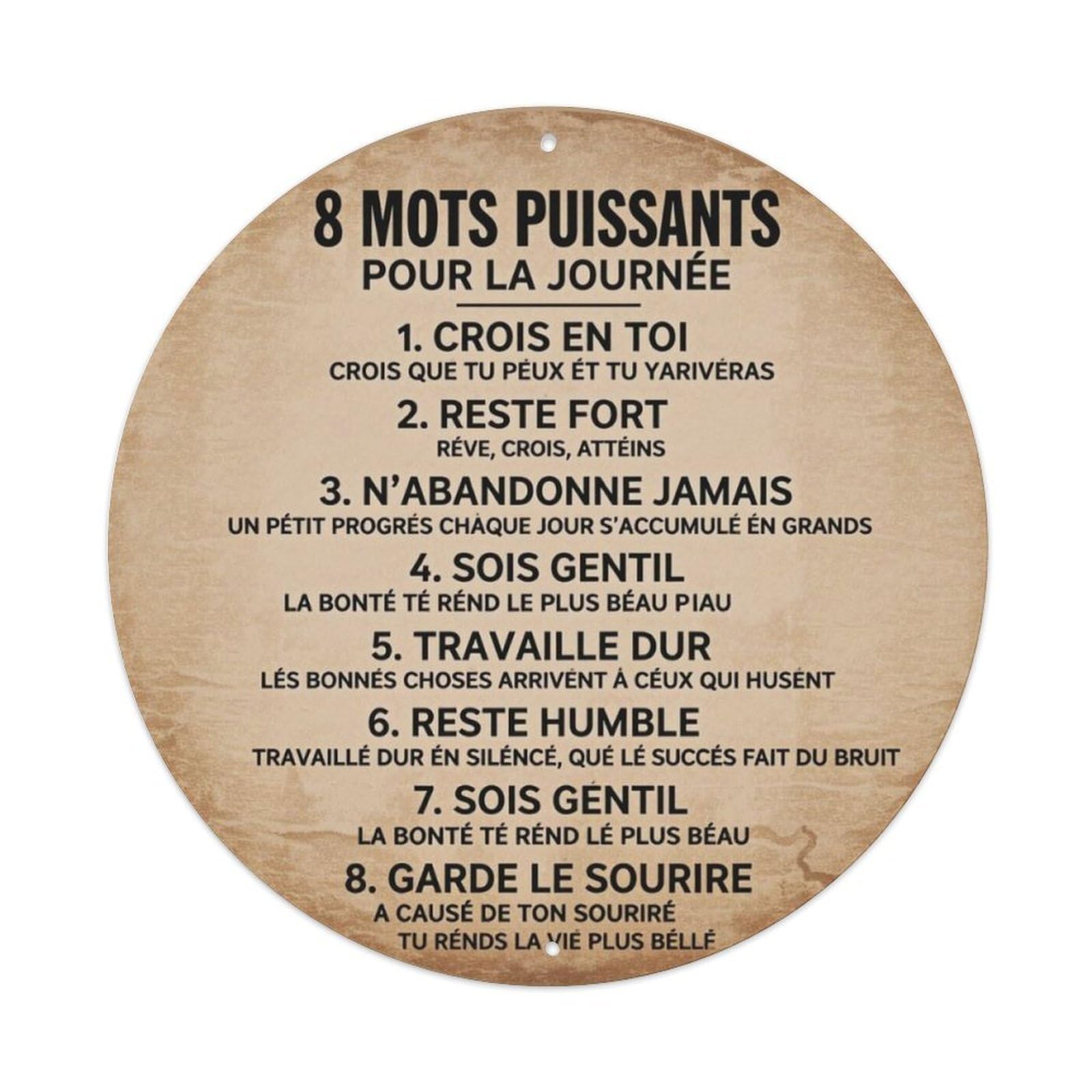 French Daily Inspirational Quotes Vintage Round Decor Sign Vintage Aluminium Metal Sign, Retro Wall Decor for Home, Bar, Garage & Farmhouse 20x20cm