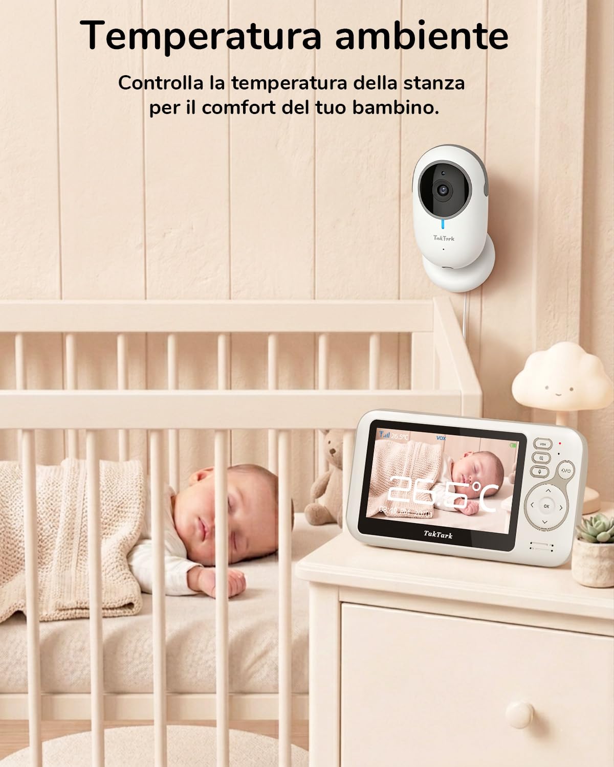 TakTark Baby Monitor Video e Audio, 4.3'' Telecamera Bambini con Monitor Video Baby Monitor Videocamera VOX, Visione notturna, Comunicazione Bidirezionale Sensore di temperatura