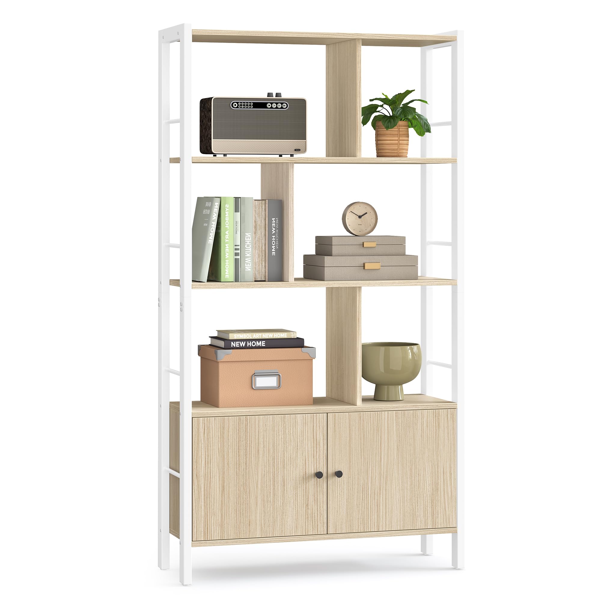VASAGLE Bücherregal, Bücherschrank mit 4 offenen Regalebenen, Regal, Standregal, geräumiger Wohnzimmerschrank, Küche, Büro, Stahlgestell, modern, naturbeige-wolkenweiß LBC022LL01