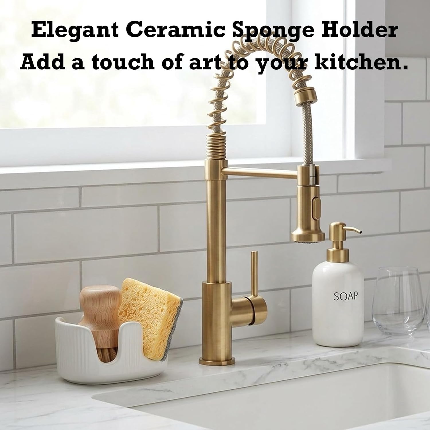 Ceramic Sponge Holder, 2-Slot Dish Sponge Holder for Kitchen Sink, Keeps Sponges Dry & Countertop Clean, Rust-Free & Dishwasher Safe, Stylis Design, Dishwasher Safe, White